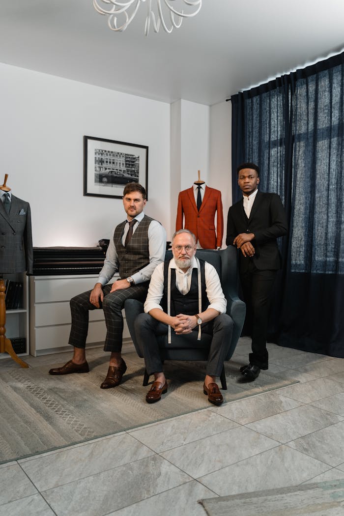 Three well-dressed men in a tailor's atelier showcasing elegance and style in men's fashion.